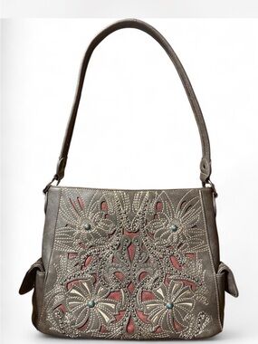 Gray Floral Cutout Shoulder Bag with brown underlay